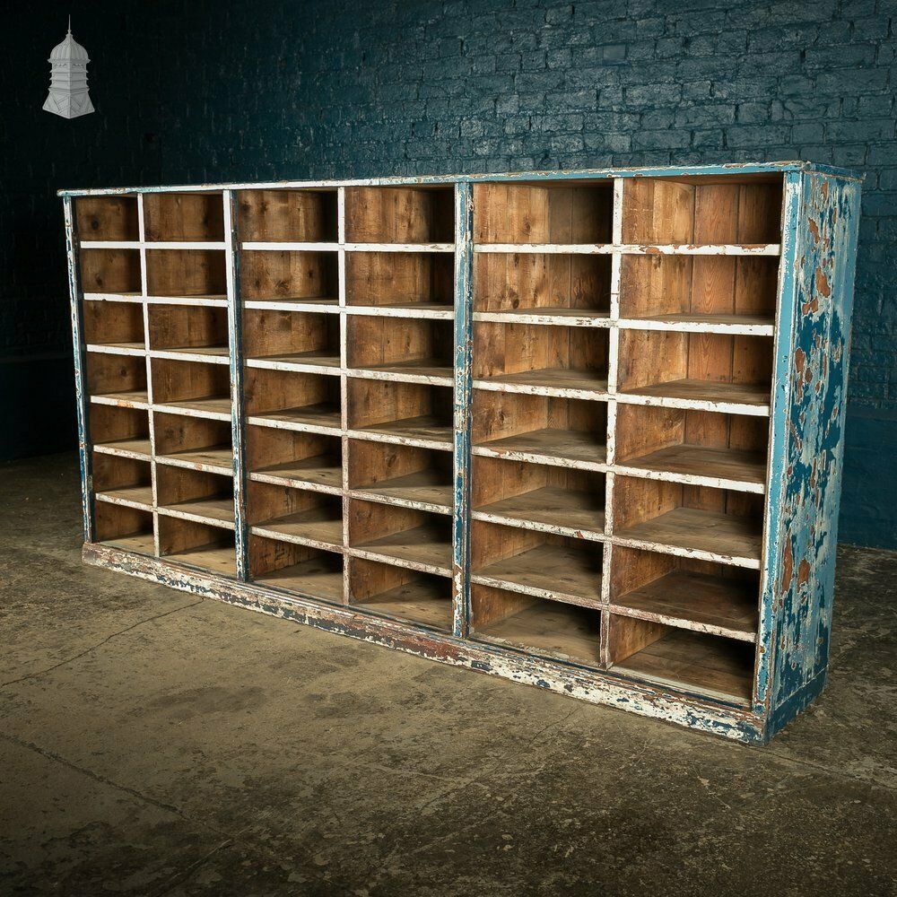 Industrial Pigeon Hole Shelf Unit With Distressed Blue Painted Finish