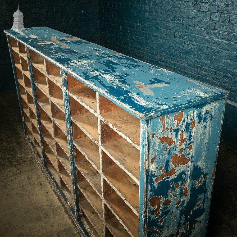 Industrial Pigeon Hole Shelf Unit With Distressed Blue Painted Finish photo vinterior