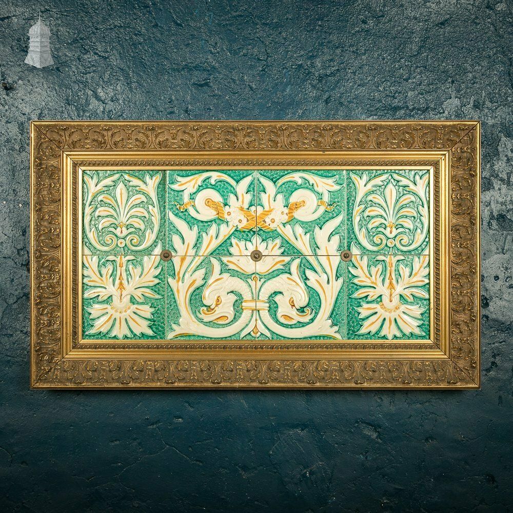 Set Of 8 Glazed Decorative Tiles From A Sainsburys Food Hall Mounted In Later Gold Frame