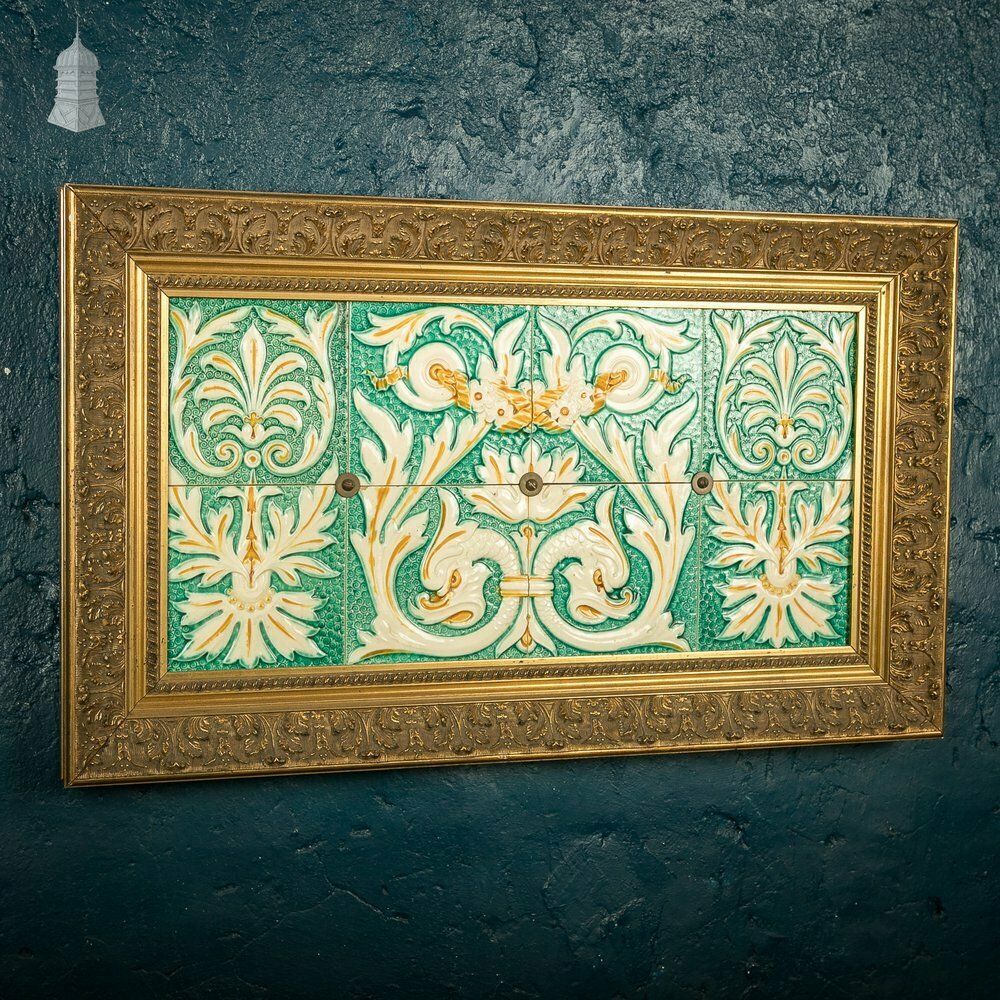 Set Of 8 Glazed Decorative Tiles From A Sainsburys Food Hall Mounted In Later Gold Frame photo furniture