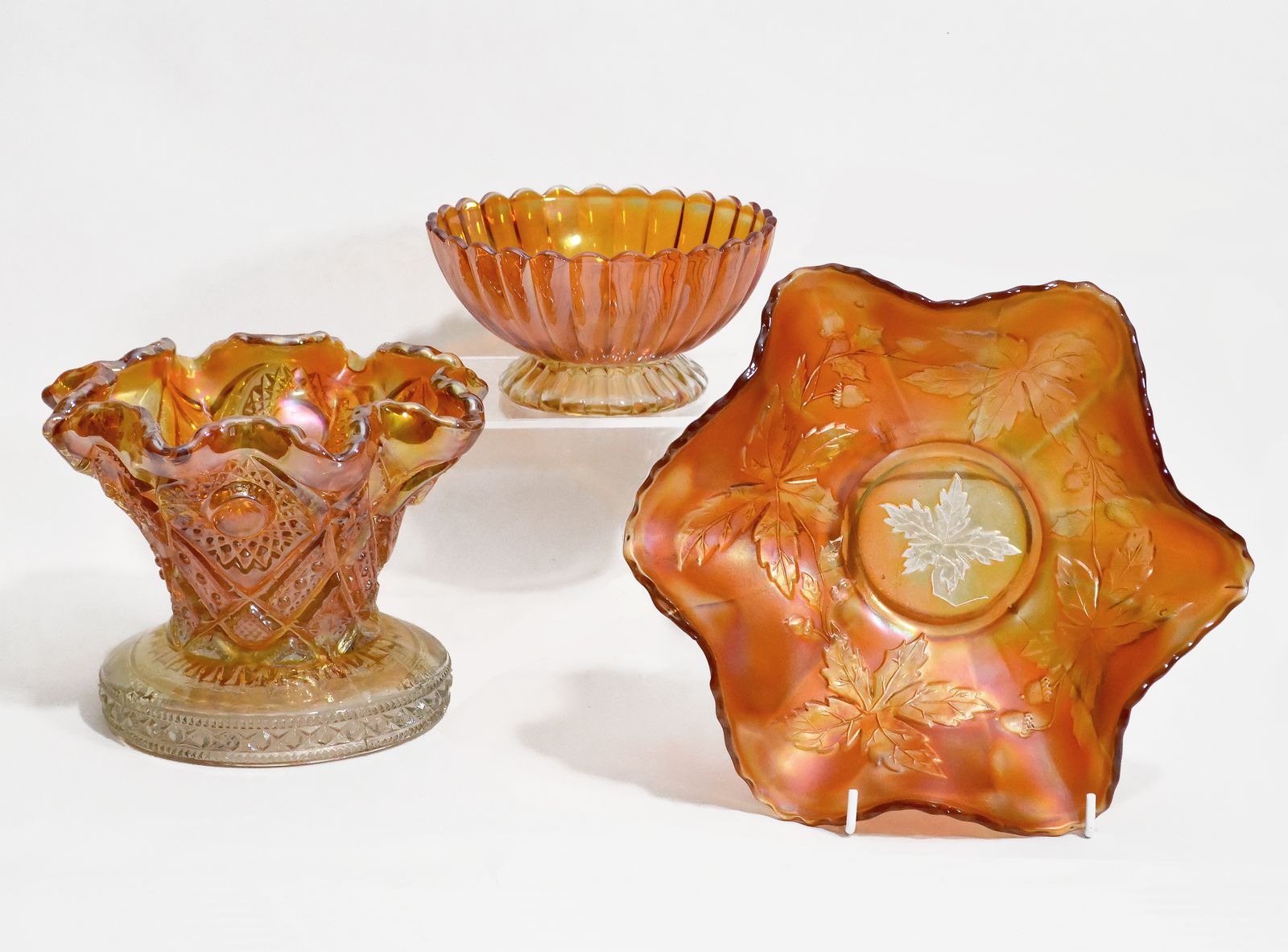 Carnival Glass Collection, Fenton Autumn Acorns Bowl, Imperial Hobstar Pedestal Vase, Imperial Pillar Flute Bowl
