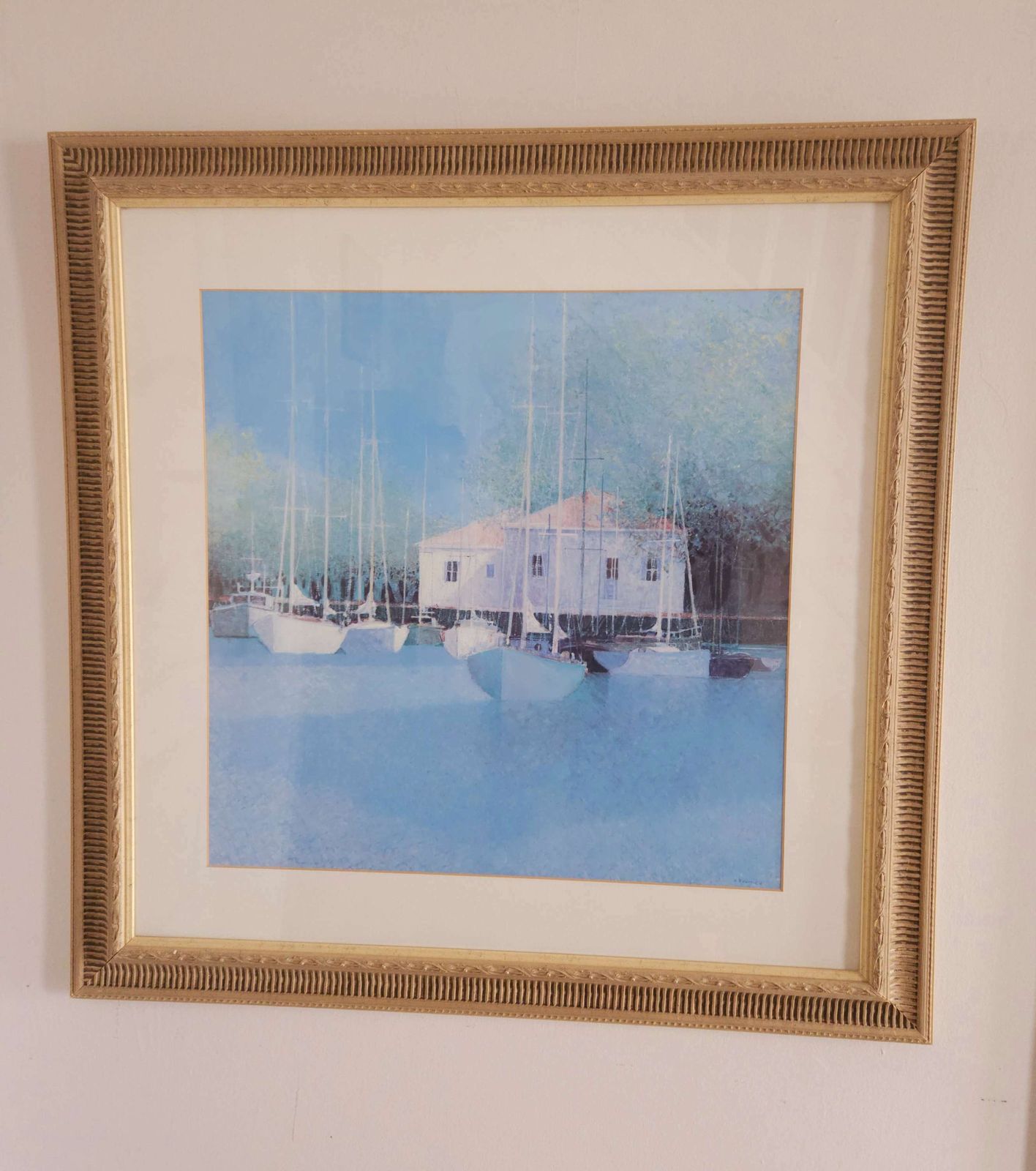 Very Large Framed Print Of Harbour Scene By Renowned French Artist André Bourrié