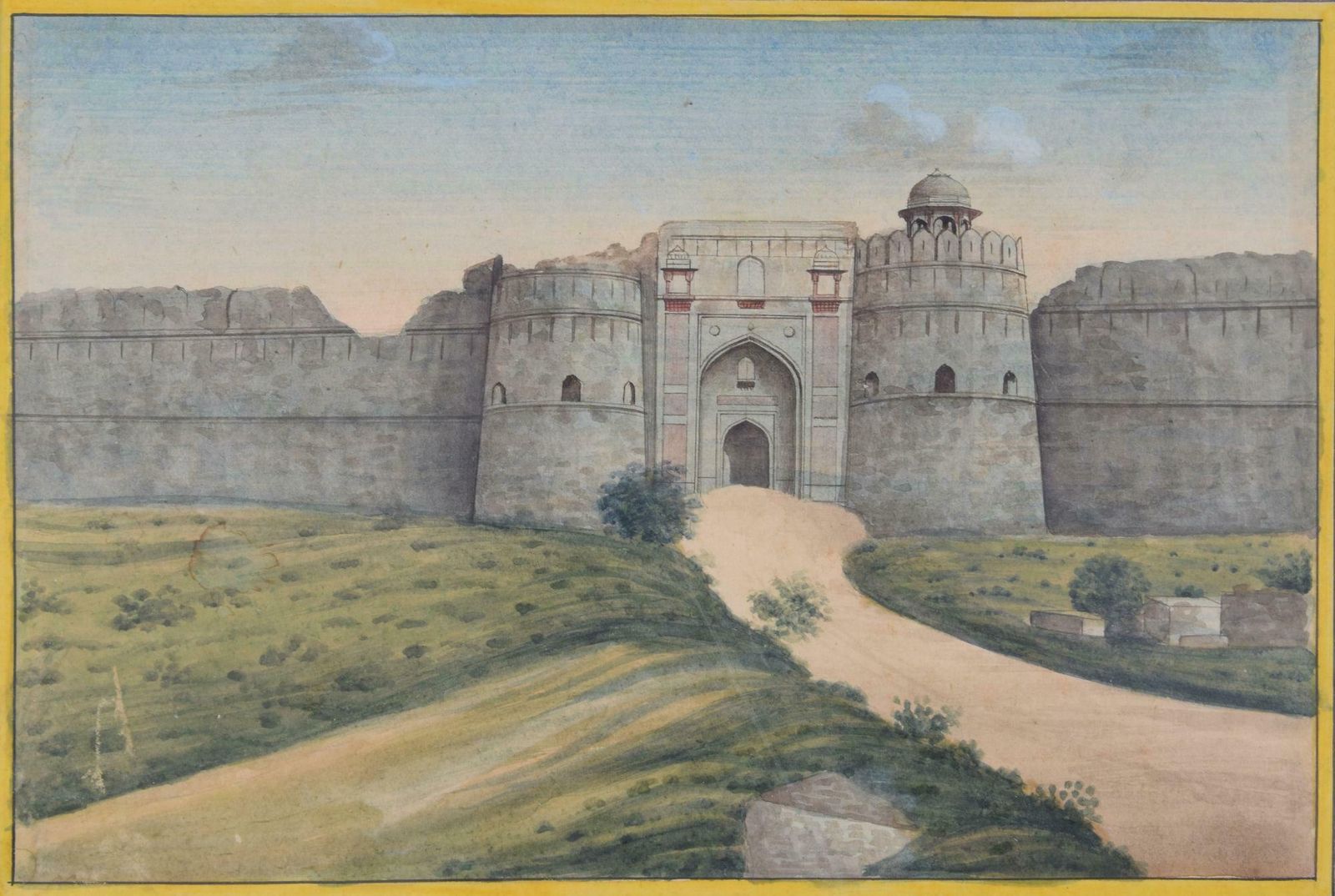 Purana Qila Fort, Delhi, India Stone Wall Gateway Watercolour