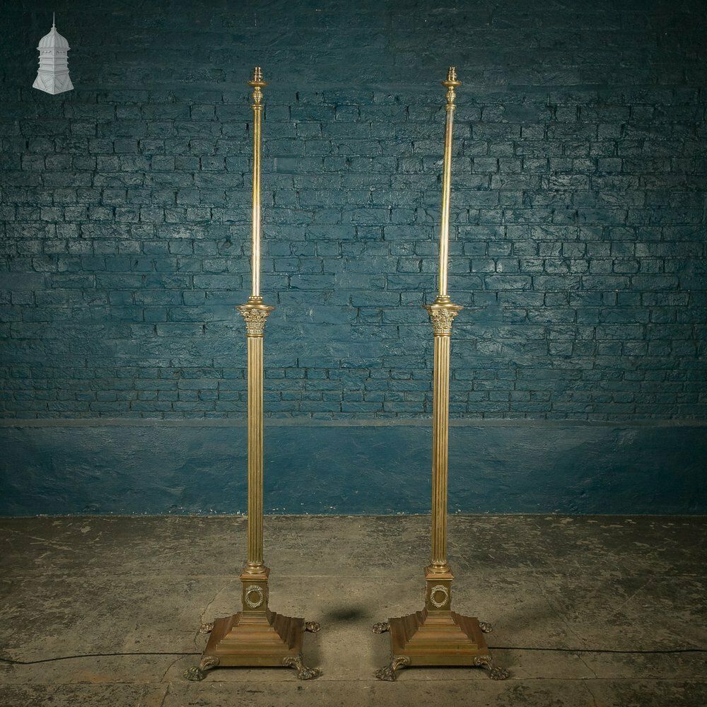 Brass Standard Lamps By Elkington & Co, Adjustable 19th C Neo Classical Corinthian Columns With Paw Feet photo furniture