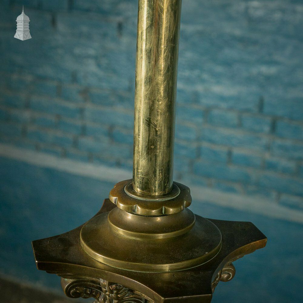photo vintage Brass Standard Lamps By Elkington & Co, Adjustable 19th C Neo Classical Corinthian Columns With Paw Feet