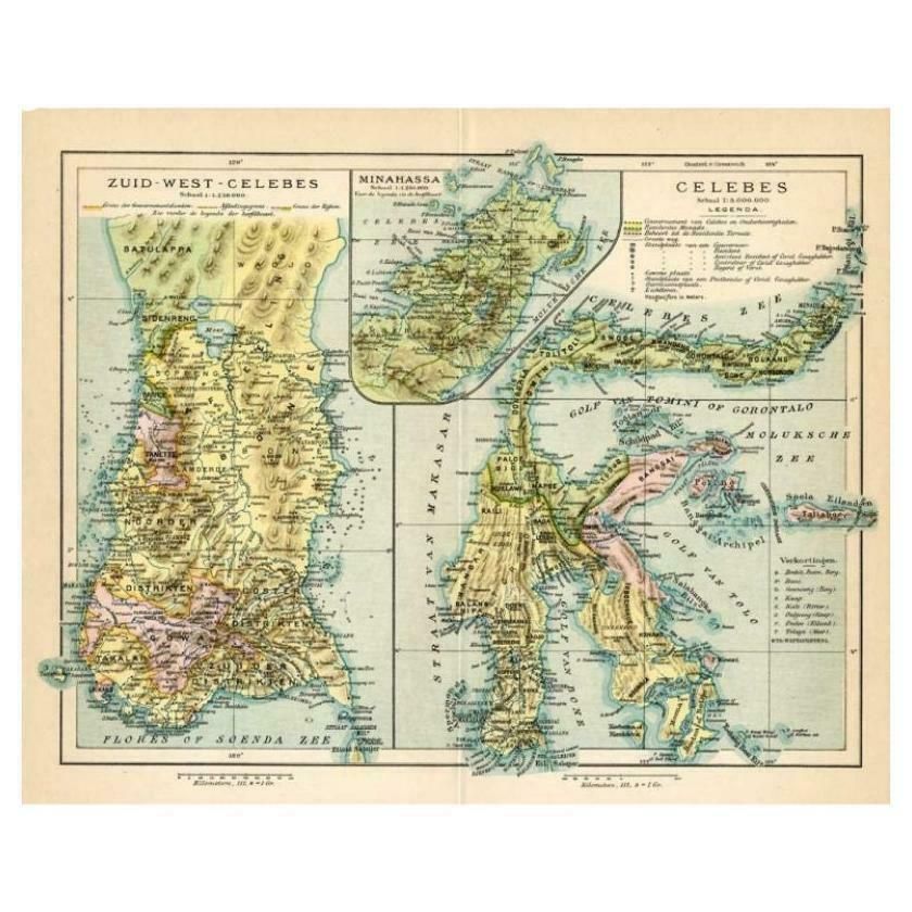 Antique Map Of Sulawesi By Winkler Prins, C.1900