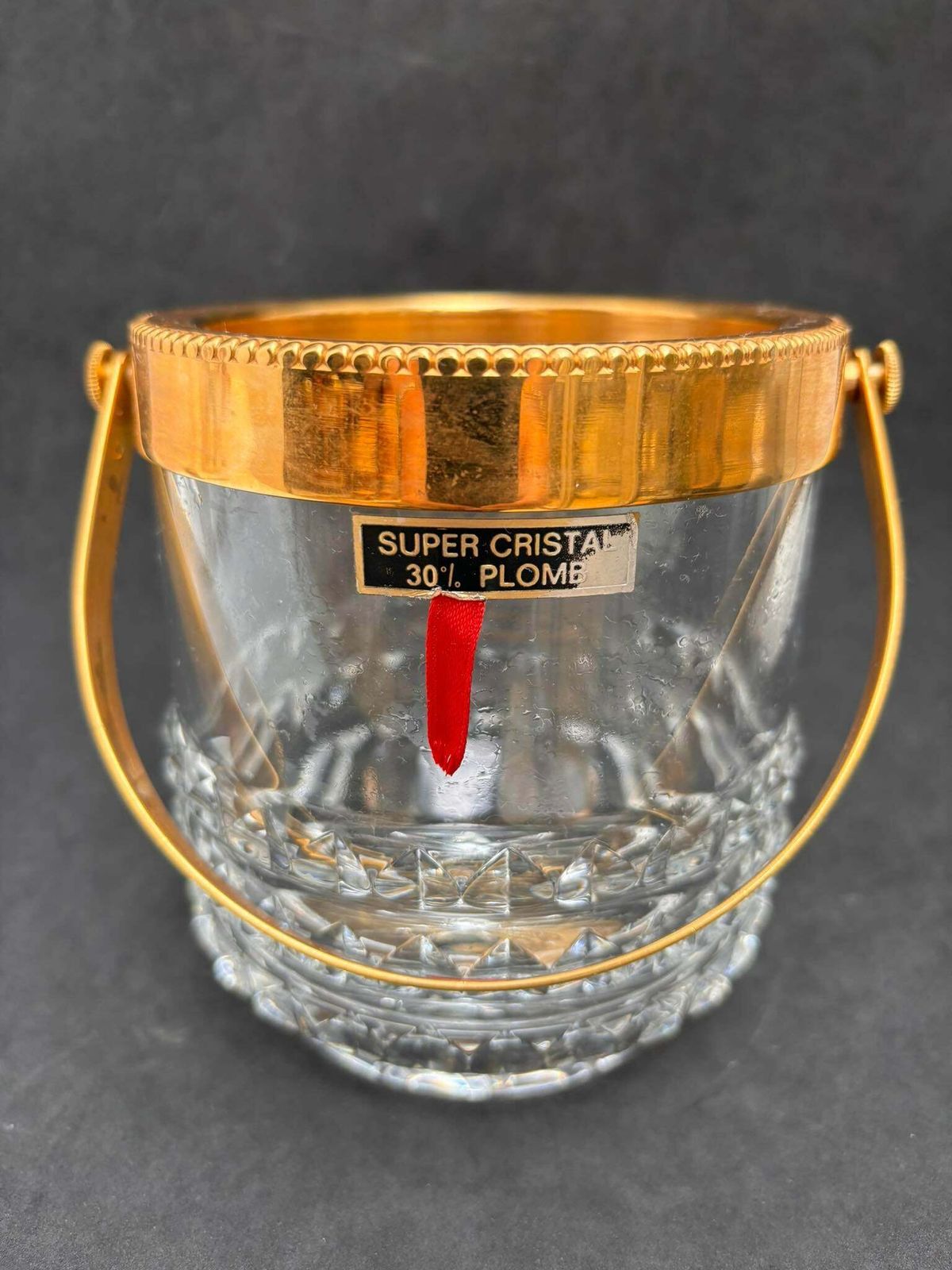 Ice Bucket Heavy Molded Crystal With Golden Metal Handles Mid Century Barware Mixology Tools Bar Cart Hollywood Regency Man Cave Gift photo for sale