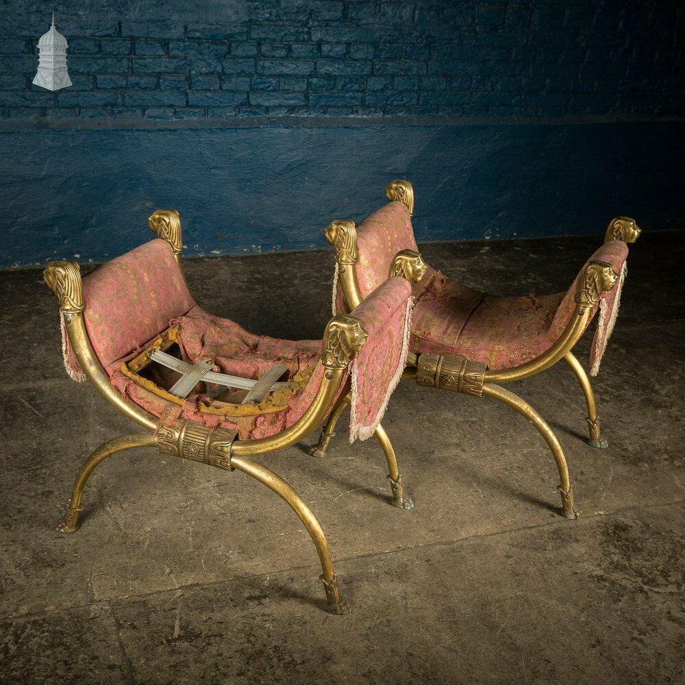 Furniture Pair Of Vintage Brass Lion Head And Paw Detail X Frame Stools For Upholstery photo