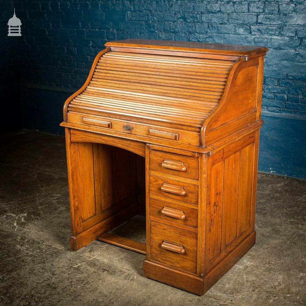 Edwardian Oak Tambour Front Roll Top Lebus Desk