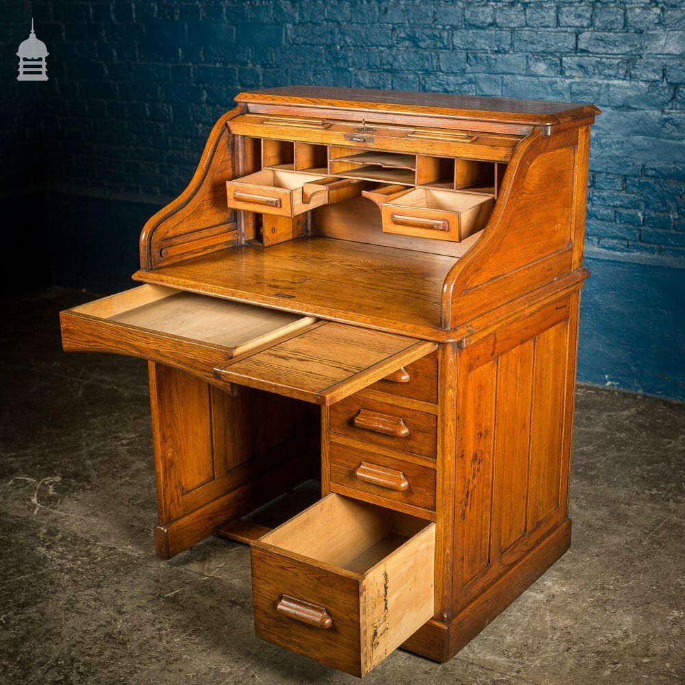Edwardian Oak Tambour Front Roll Top Lebus Desk photo furniture