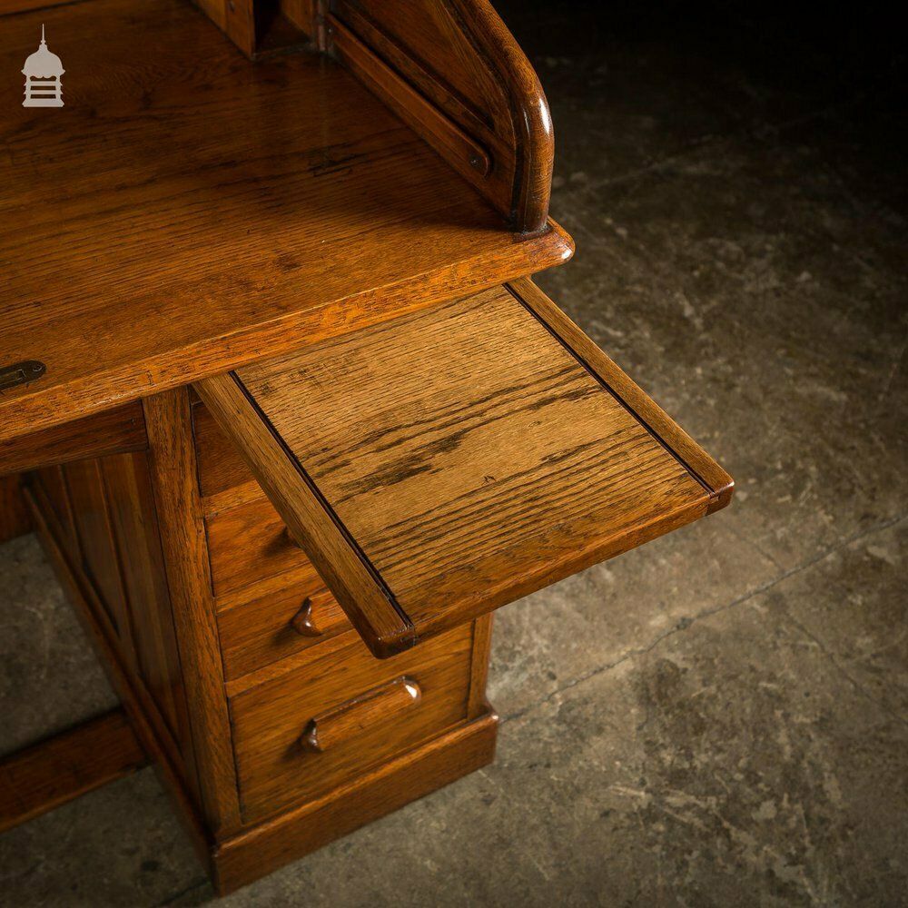 Edwardian Oak Tambour Front Roll Top Lebus Desk photo vintage