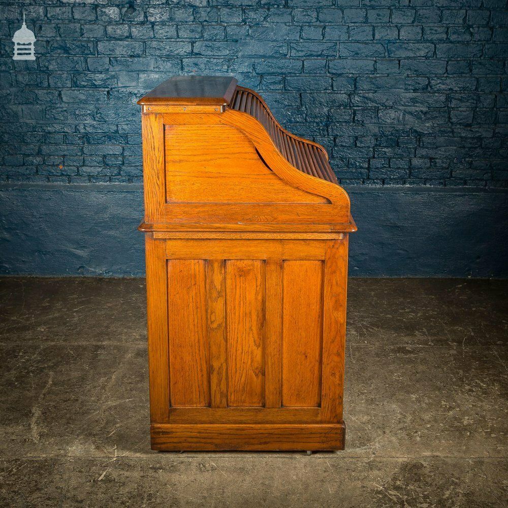 Furniture Edwardian Oak Tambour Front Roll Top Lebus Desk photo