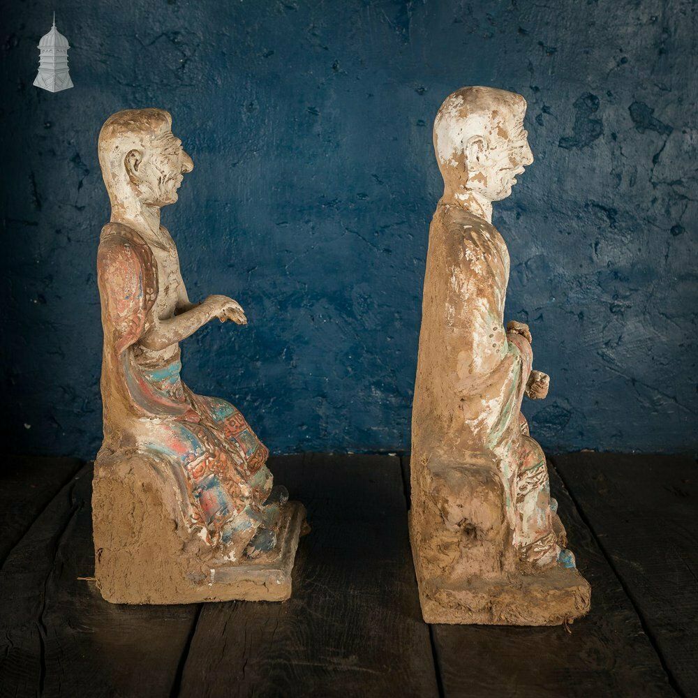A Pair Of Chinese Early Ming Dynasty Luohans, Remnants Of Blue, Red And White Pigment Height 50cm photo Art