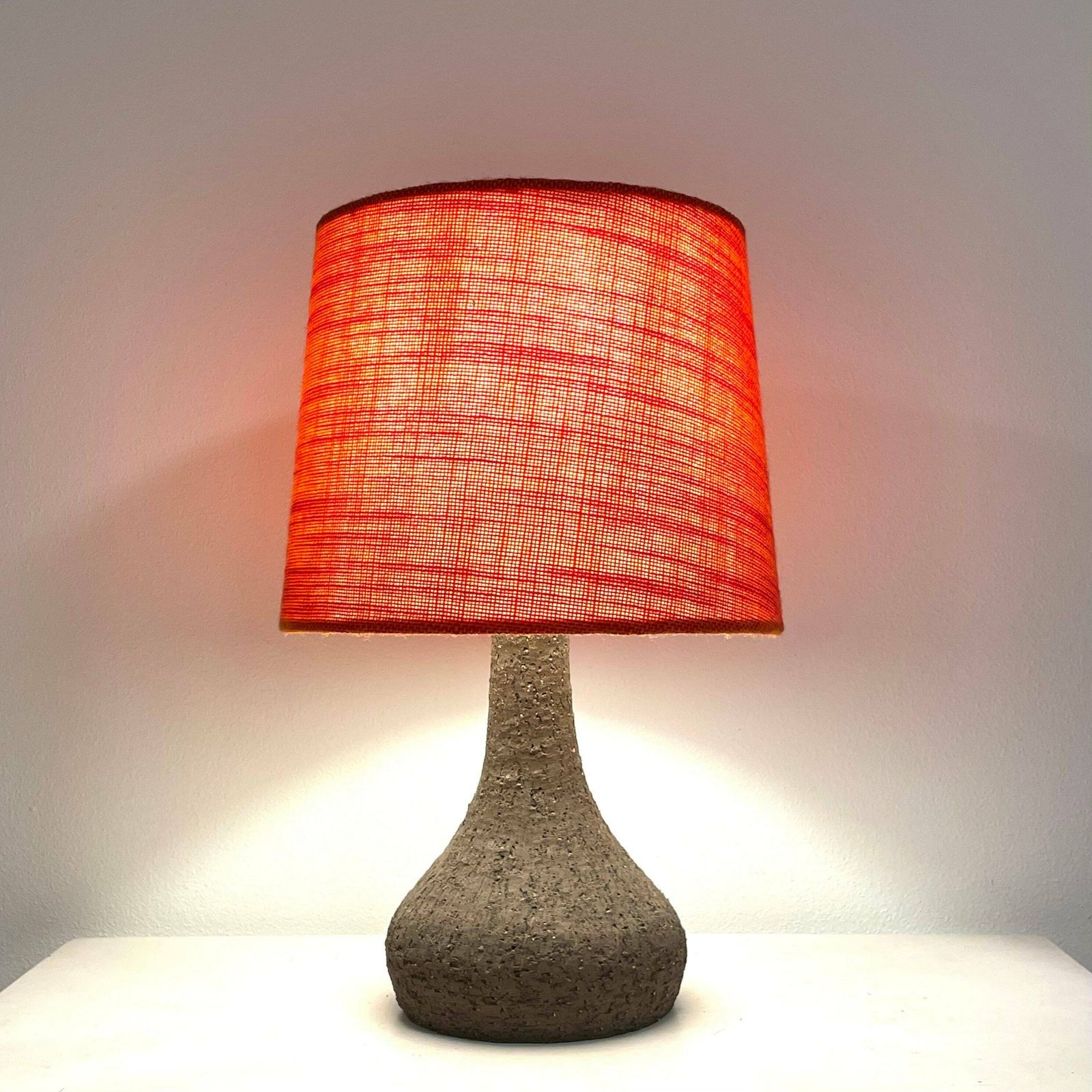 Danish Mid Century Vintage Design Ceramic Table Lamp In Organic Shape With Raw Clay And Beautiful Orange Fabric Drum Shade