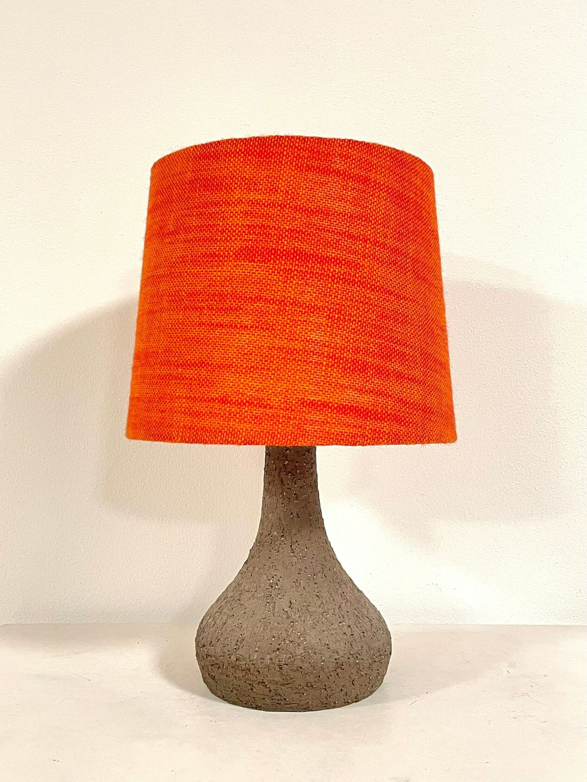 Danish Mid Century Vintage Design Ceramic Table Lamp In Organic Shape With Raw Clay And Beautiful Orange Fabric Drum Shade photo for sale