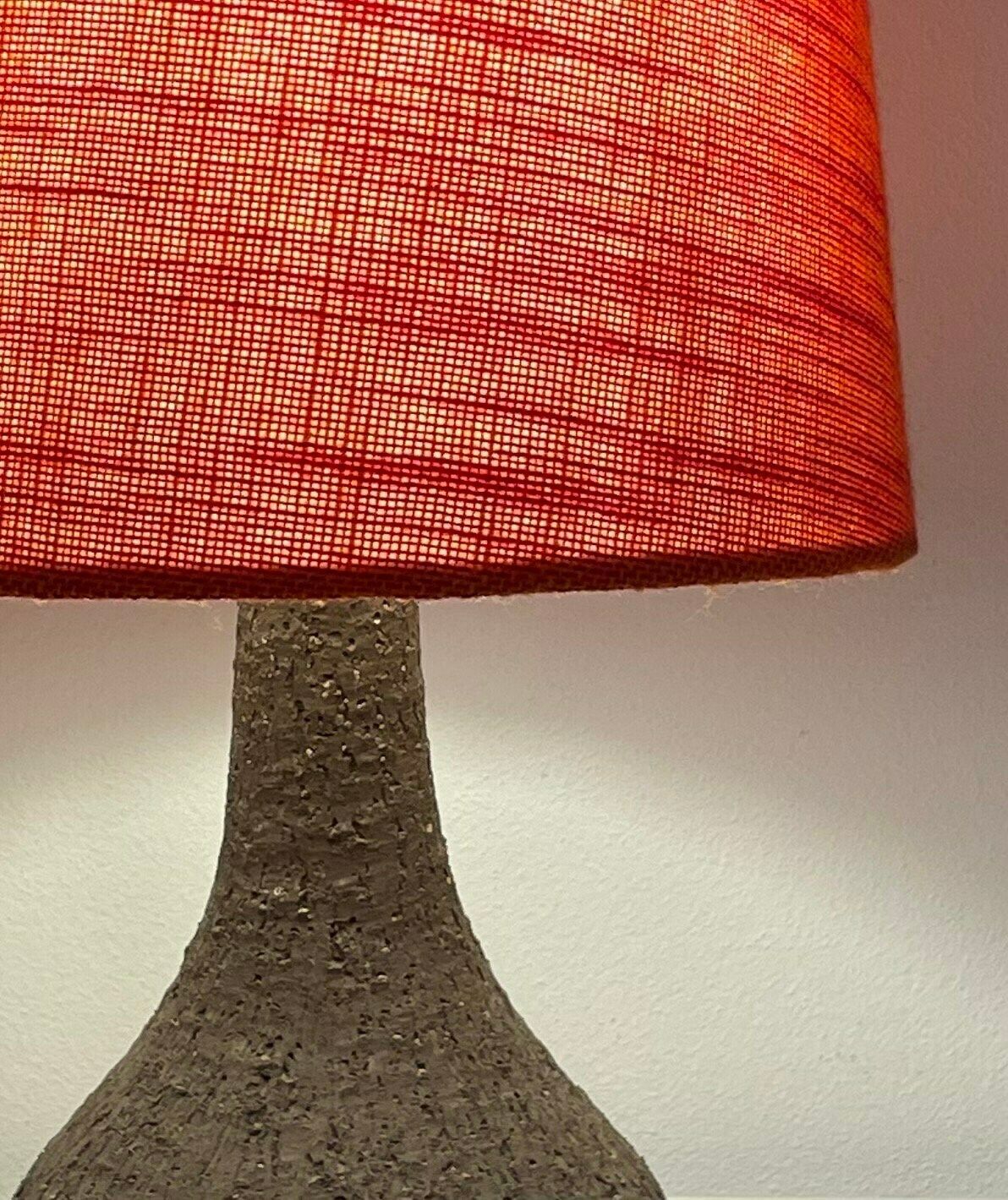 Danish Mid Century Vintage Design Ceramic Table Lamp In Organic Shape With Raw Clay And Beautiful Orange Fabric Drum Shade photo Lighting