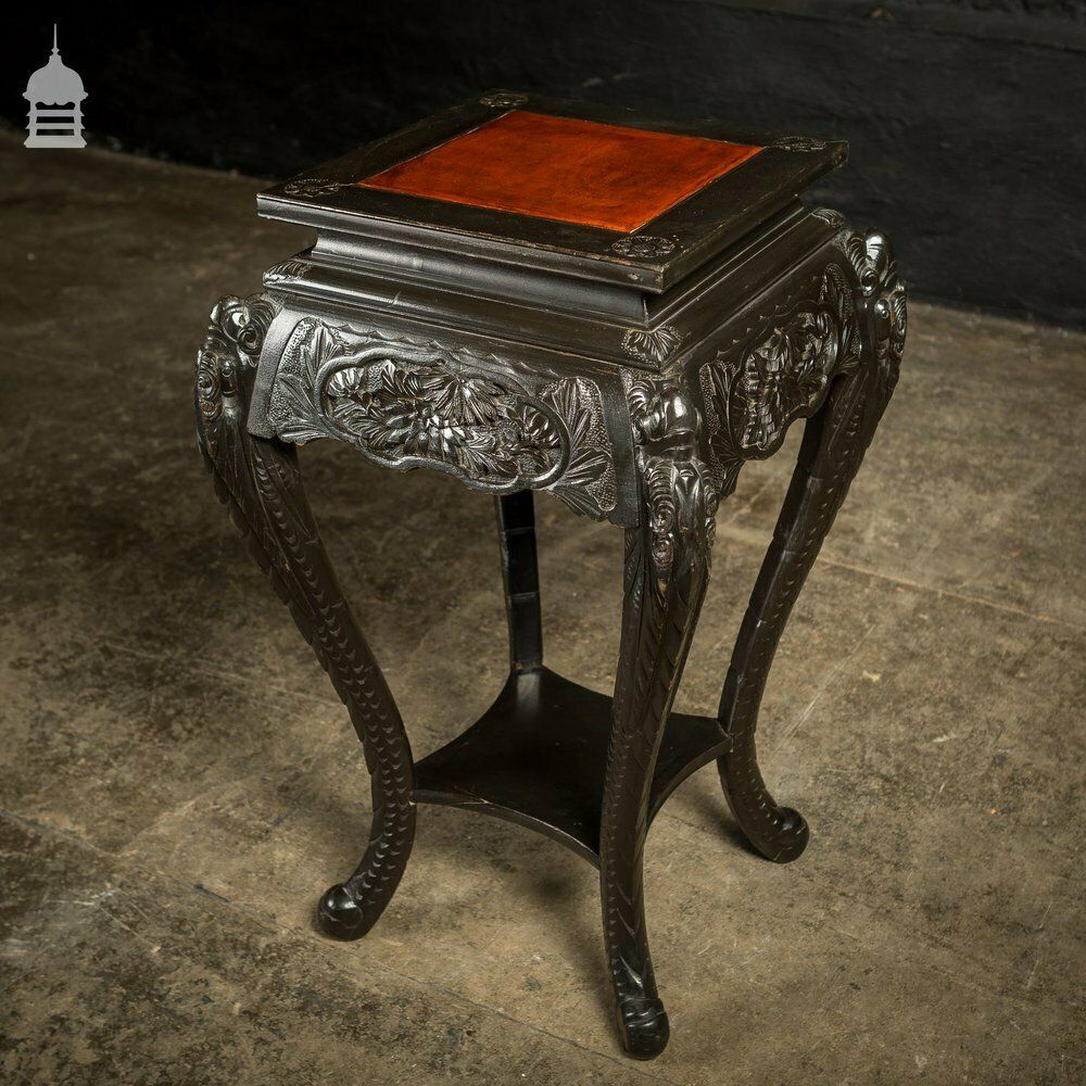 Dark Finish Anglo Indian Jardinière Stand With Leather Top