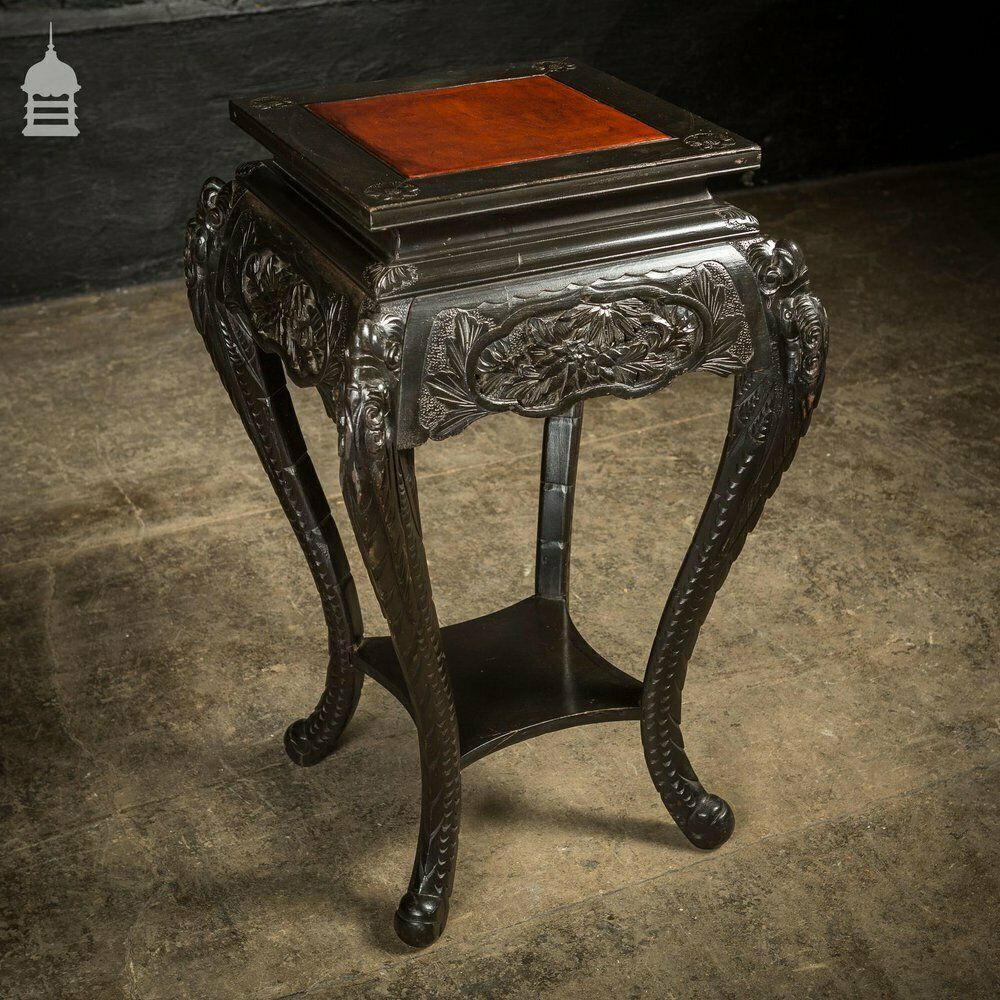 photo furniture Dark Finish Anglo Indian Jardinière Stand With Leather Top