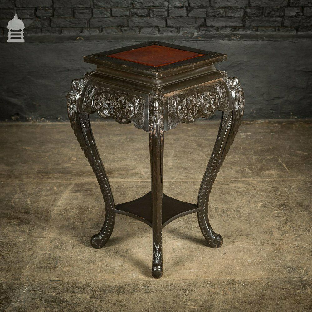 photo buy Dark Finish Anglo Indian Jardinière Stand With Leather Top
