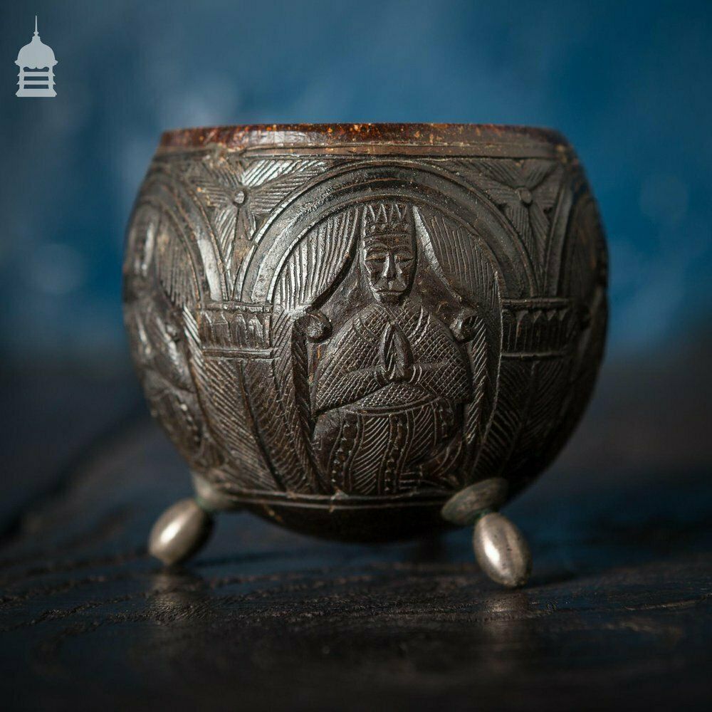 Pair Of Antique South East Asian Carved Coconut Cups On Silver Feet photo for sale