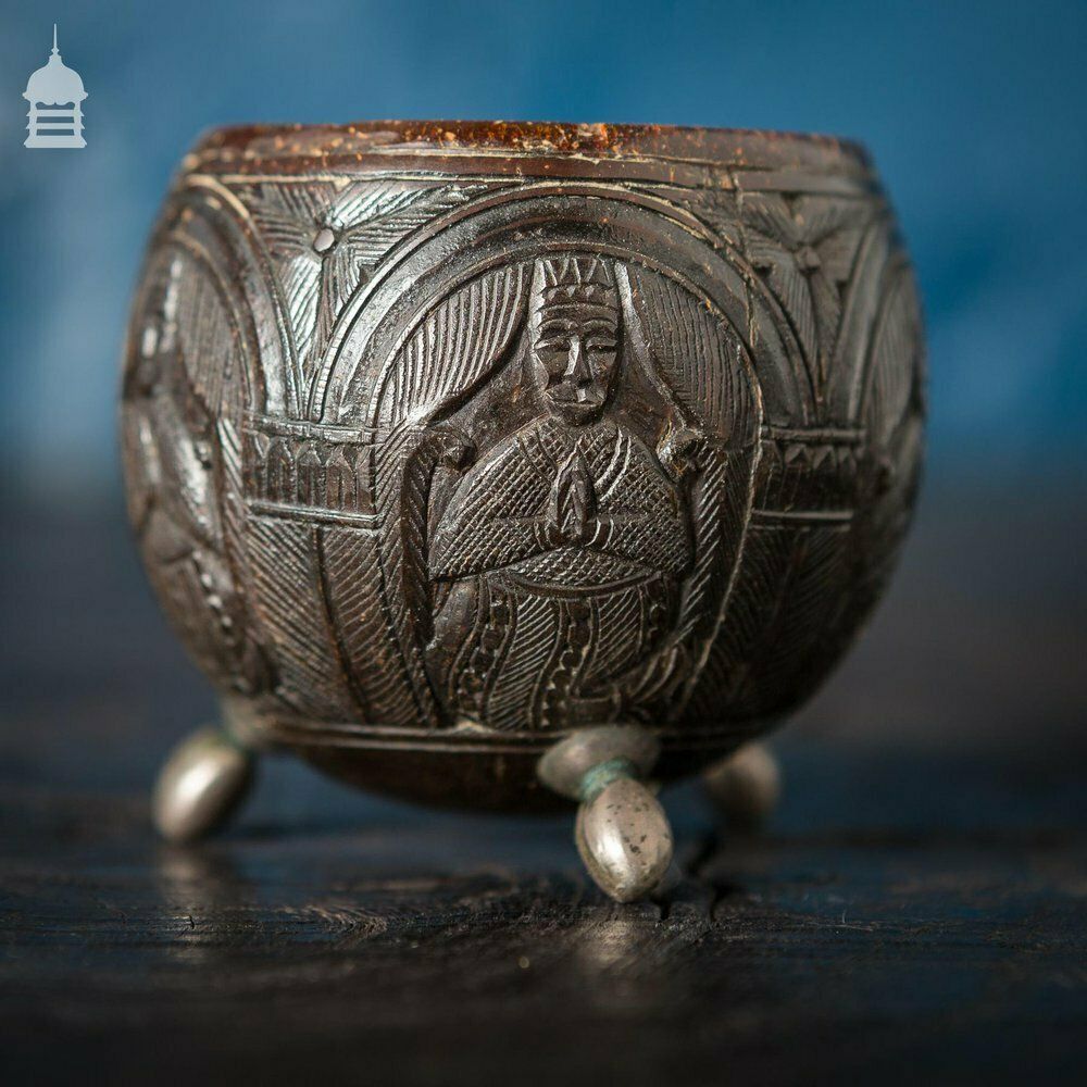 Pair Of Antique South East Asian Carved Coconut Cups On Silver Feet photo Home Decor