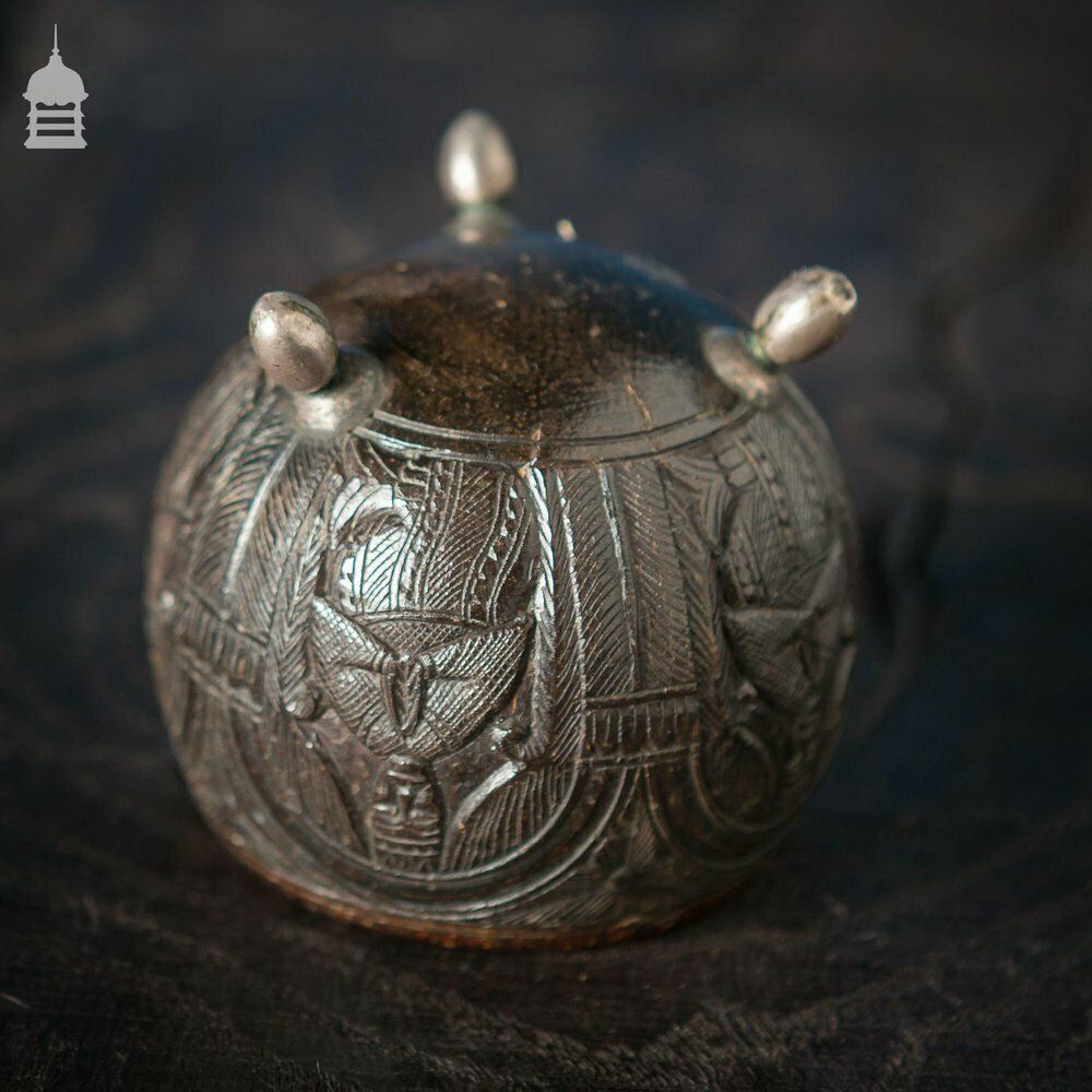 Pair Of Antique South East Asian Carved Coconut Cups On Silver Feet photo vintage