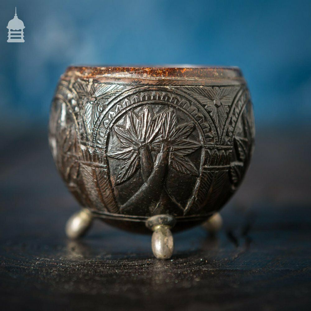 photo vinterior Pair Of Antique South East Asian Carved Coconut Cups On Silver Feet