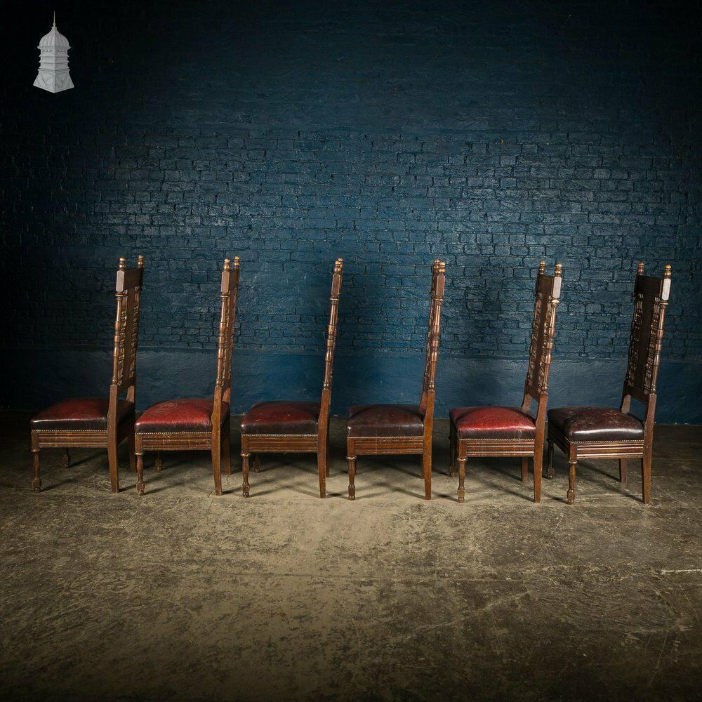 Set Of 6 19th C French Tall Back Dining Chairs With Worn Leather Seat Pads photo vinterior