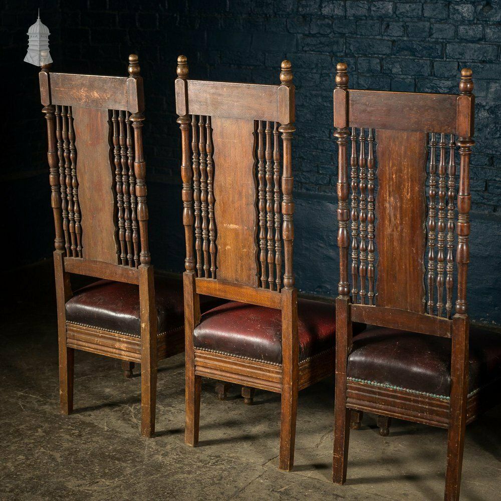 Set Of 6 19th C French Tall Back Dining Chairs With Worn Leather Seat Pads photo vintage