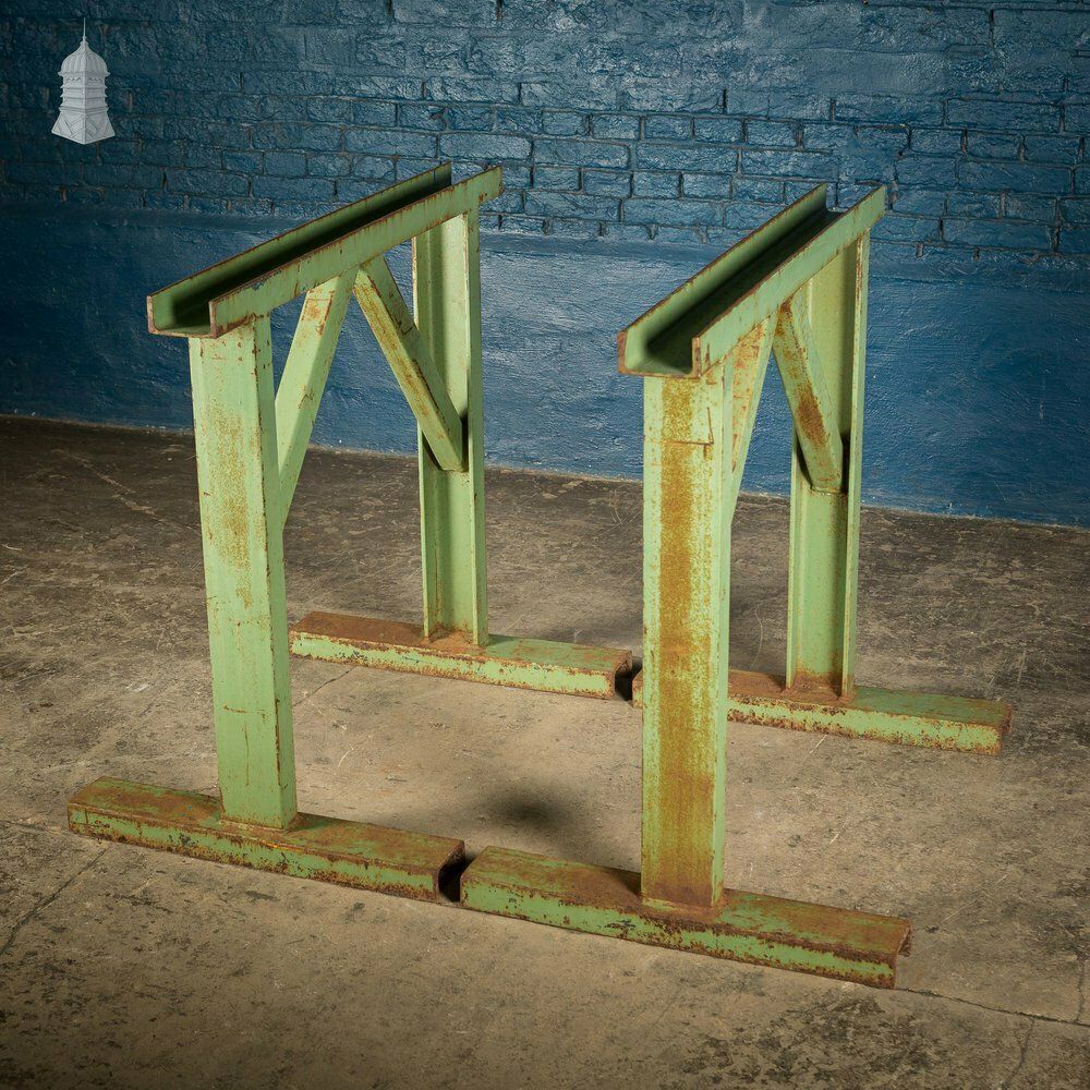 Pair Of Large Green Painted Heavy Duty Steel Industrial Workshop Trestles photo Home Decor