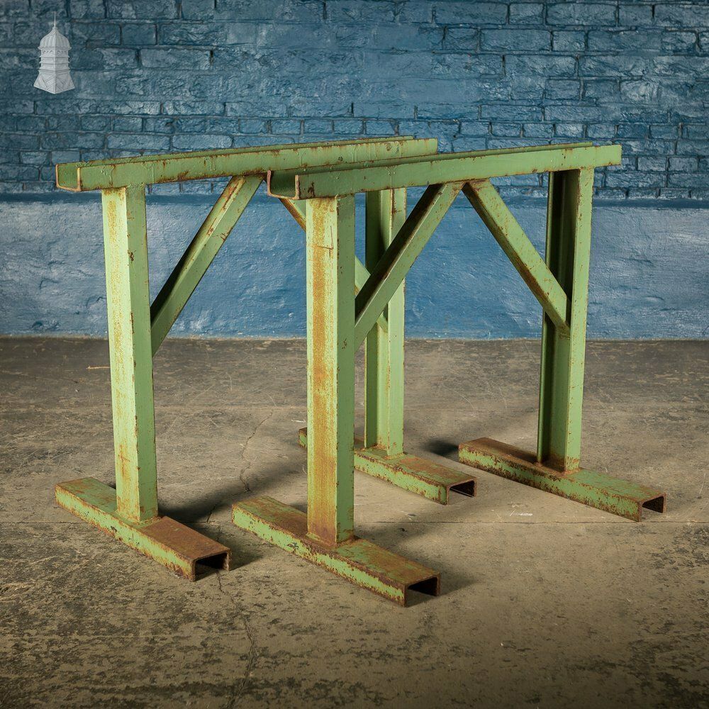 Pair Of Large Green Painted Heavy Duty Steel Industrial Workshop Trestles photo buy
