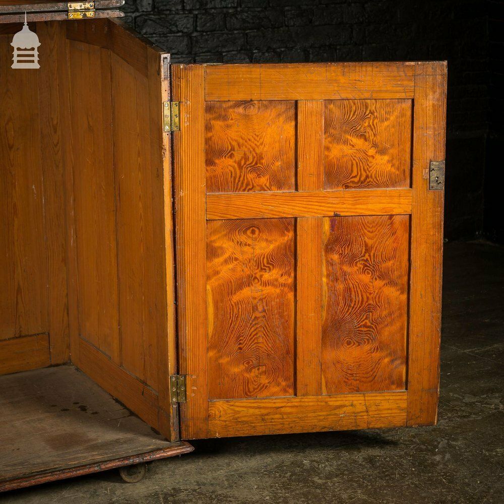 Large 19th C Figured Pitch Pine Ecclesiastical Cupboard With Double Doors, Opening Top And Metal Castors photo furniture