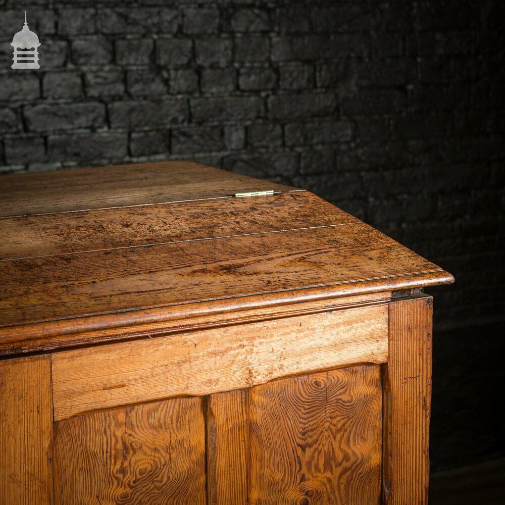 Large 19th C Figured Pitch Pine Ecclesiastical Cupboard With Double Doors, Opening Top And Metal Castors photo vintage