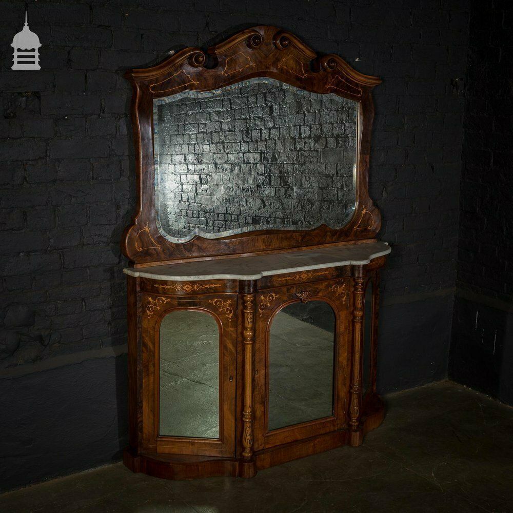Stunning 19th C Inlaid Rosewood Marble Topped Credenza With Mirror Base And Raised Mirrored Back photo vintage