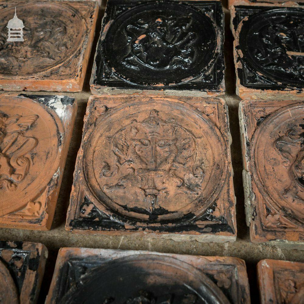 Set Of 22 19th C Decorative 7 Inch Terracotta Tiles With Flakey Paint photo for sale