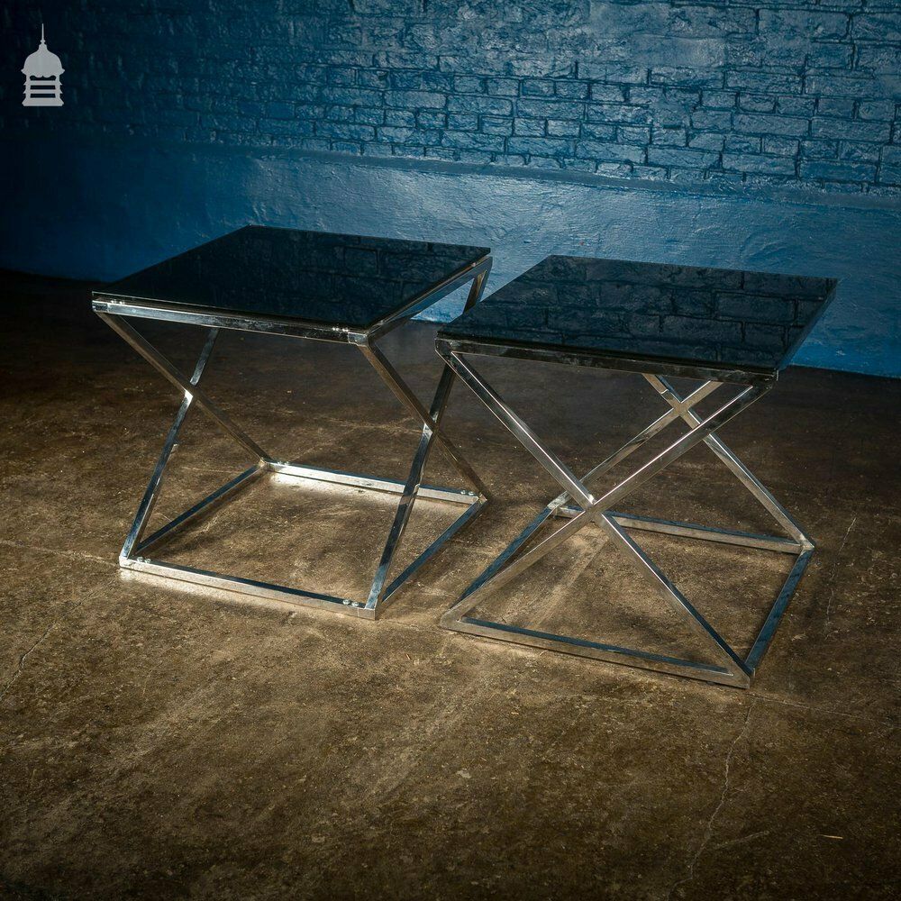 Pair Of Modern Glass Top Tables On Contemporary Chrome Bases photo 600.0