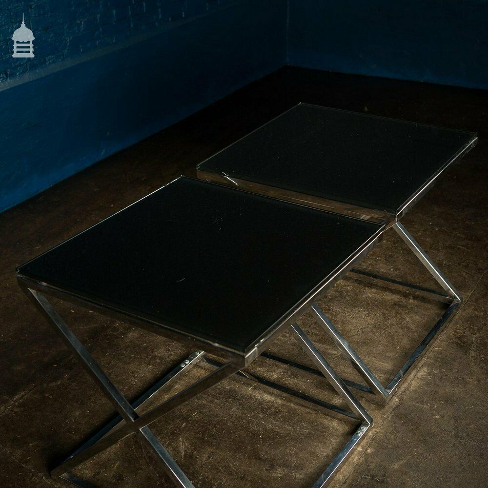 Pair Of Modern Glass Top Tables On Contemporary Chrome Bases photo vintage
