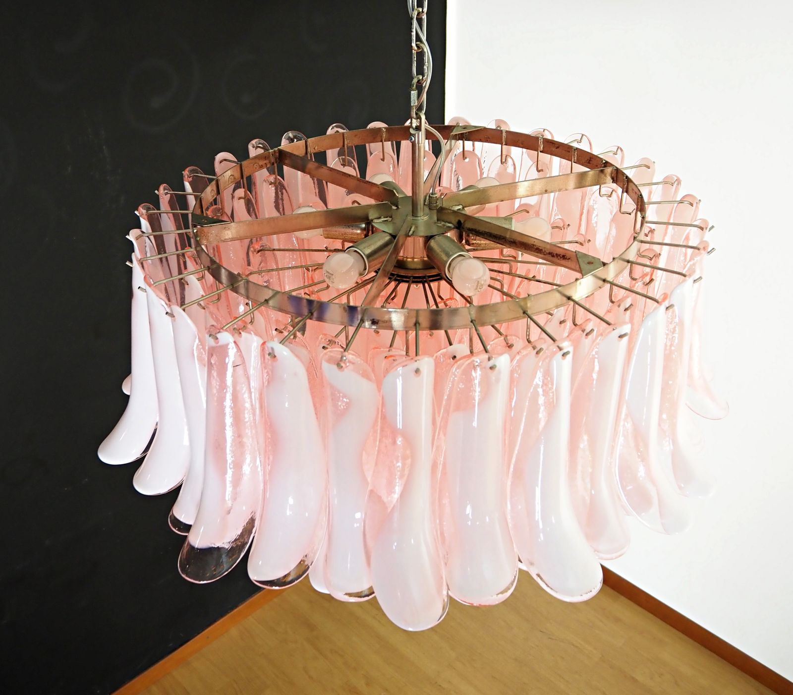 Large Murano Glass Chandelier  101 Pink Lattimo Glass Petal photo Lighting