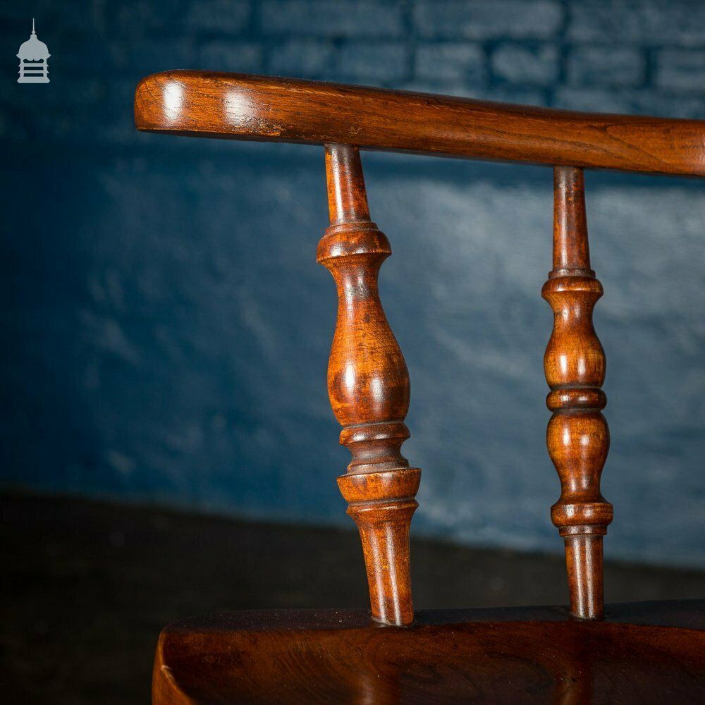 19th C Elm Captain’s Bow Seat Smokers Chair With Turned Arm Supports And Double H Stretcher photo vinterior