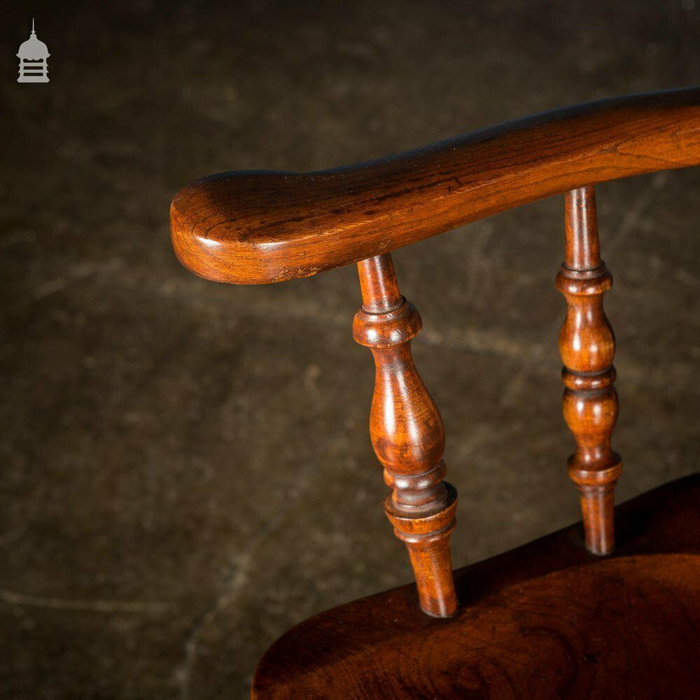 photo furniture 19th C Elm Captain’s Bow Seat Smokers Chair With Turned Arm Supports And Double H Stretcher