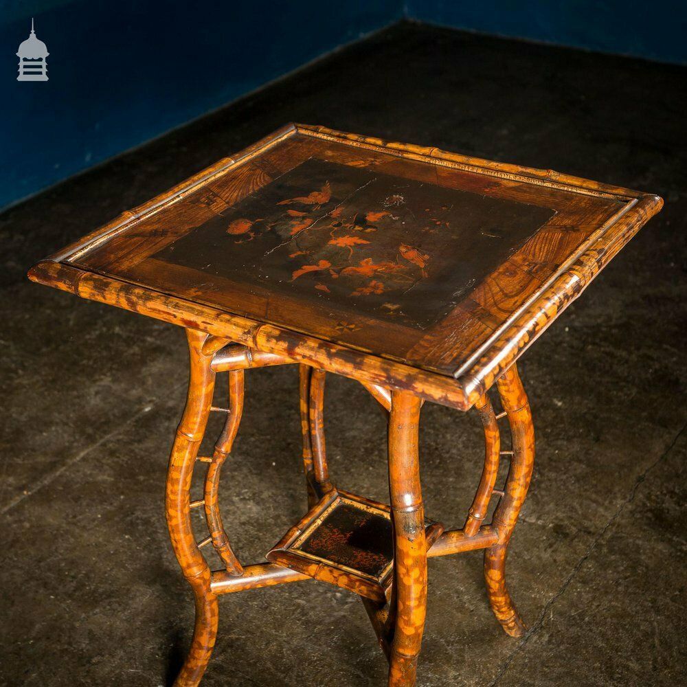 Rare Victorian Swan Leg Bamboo Table With Inlaid Marquetry Top photo vinterior