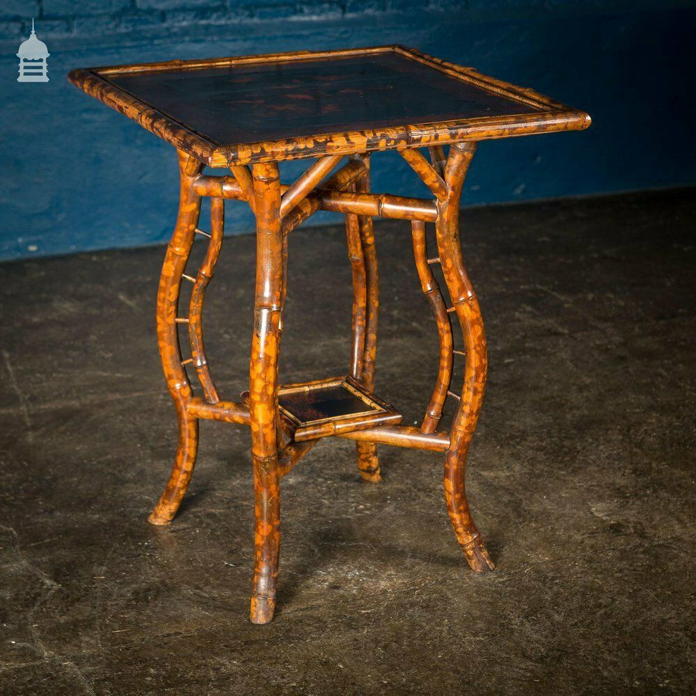 photo for sale Rare Victorian Swan Leg Bamboo Table With Inlaid Marquetry Top
