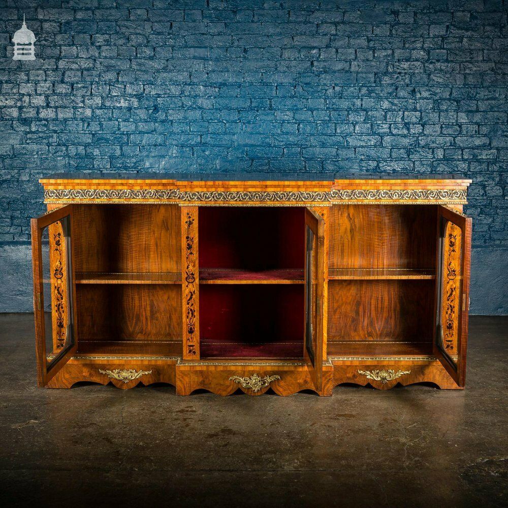 19th C French Empire Walnut Credenza With Intricate Marquetry And Brass Reliefs photo vinterior