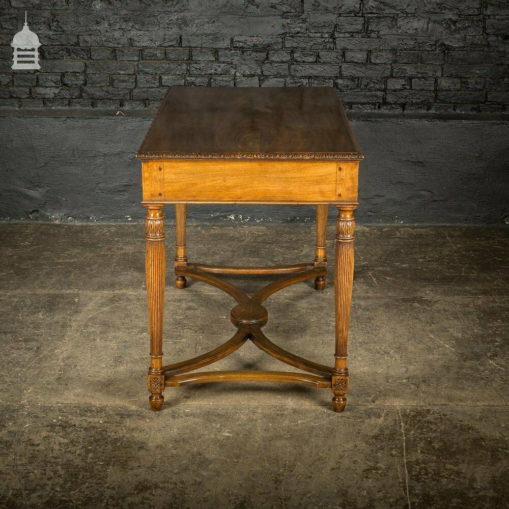 A Fine Late 19th C Sheraton Style Writing Table With Carved Prince Of Wales Feathers Escutcheons And Elegant Mellon Fluted Legs. photo furniture