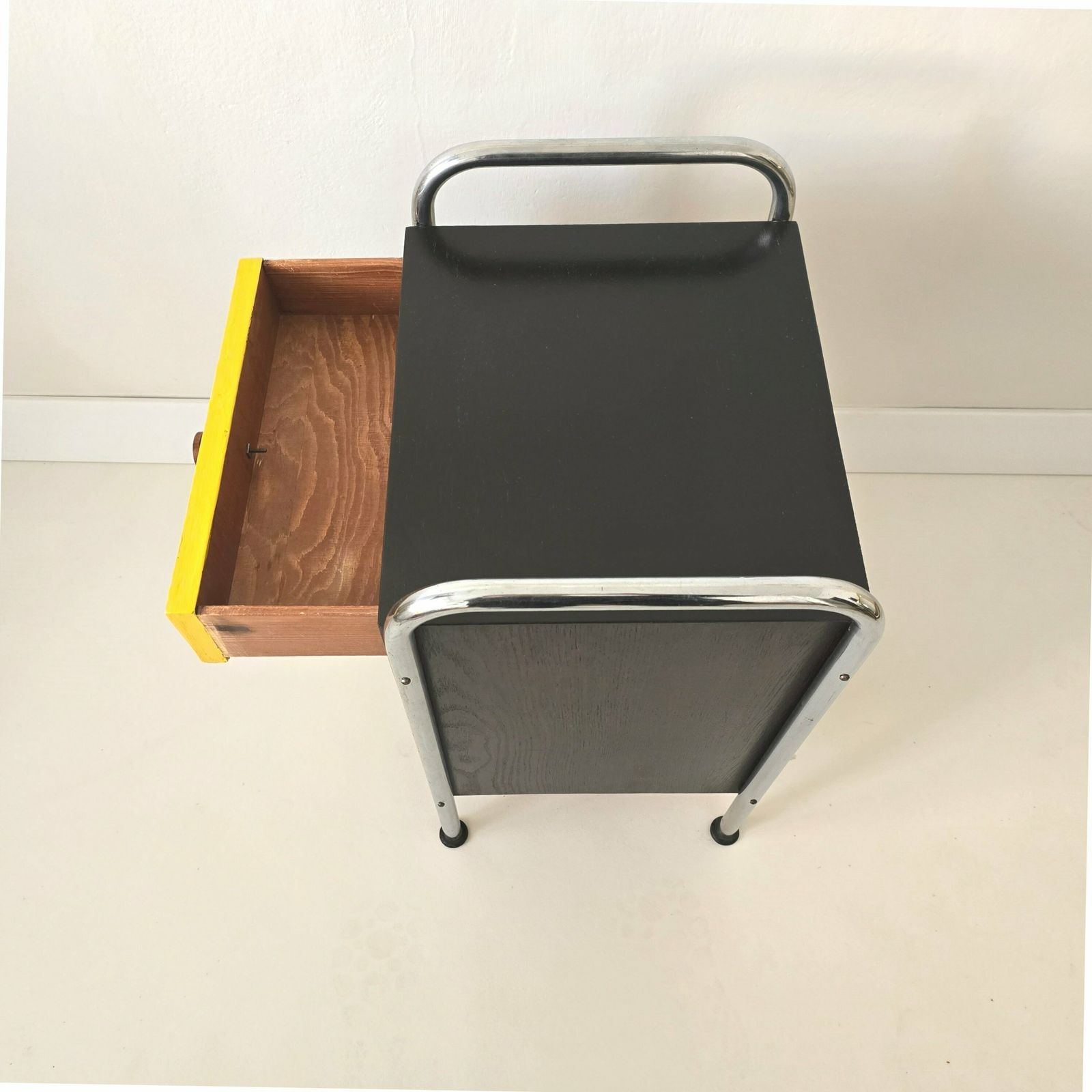 Vintage Bauhaus Night Cabinet With Black And Yellow Drawer After Renovation photo buy