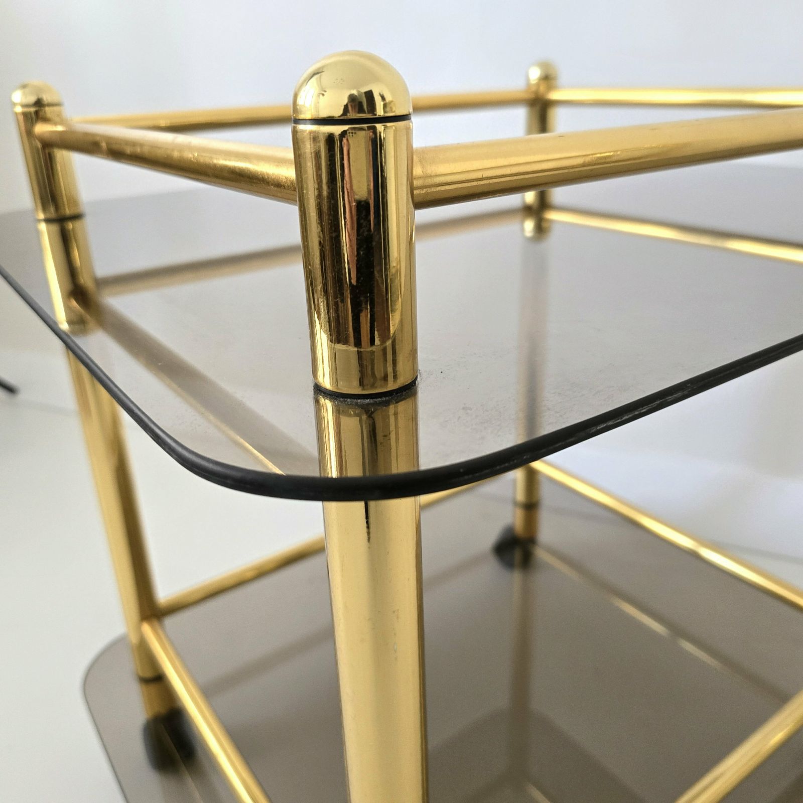photo for sale Vintage Hollywood Regency Amazing Brass Trolley Bar Cart With Smoked Glasses