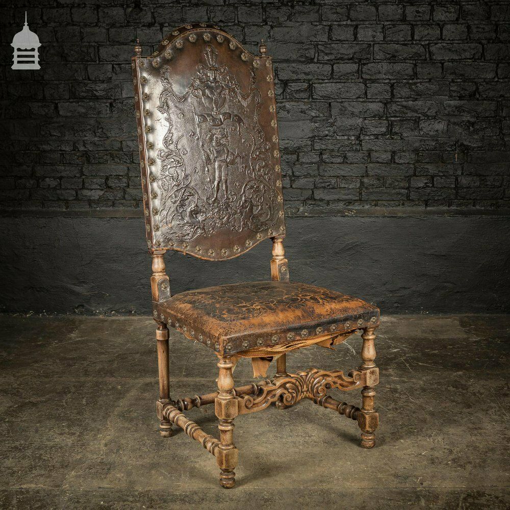 19th C Spanish Studded Throne Chair With Embossed Leather photo vintage