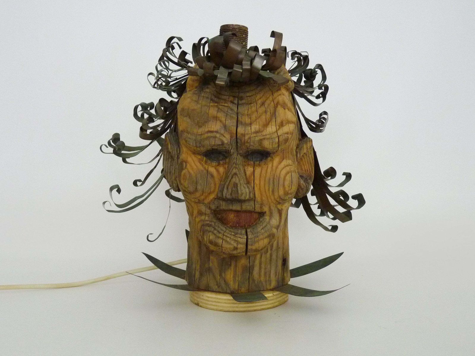 Unique Piece. Wooden Lamp And Metal Hair With Devil's Head "Self Portrait"