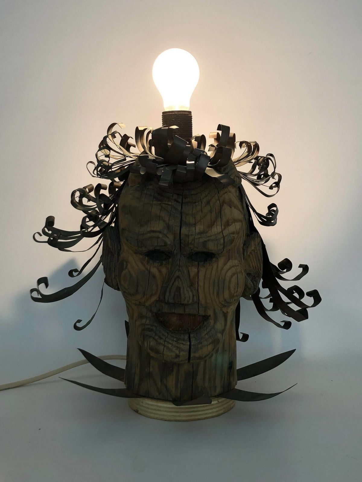 Unique Piece. Wooden Lamp And Metal Hair With Devil's Head "Self Portrait" photo furniture