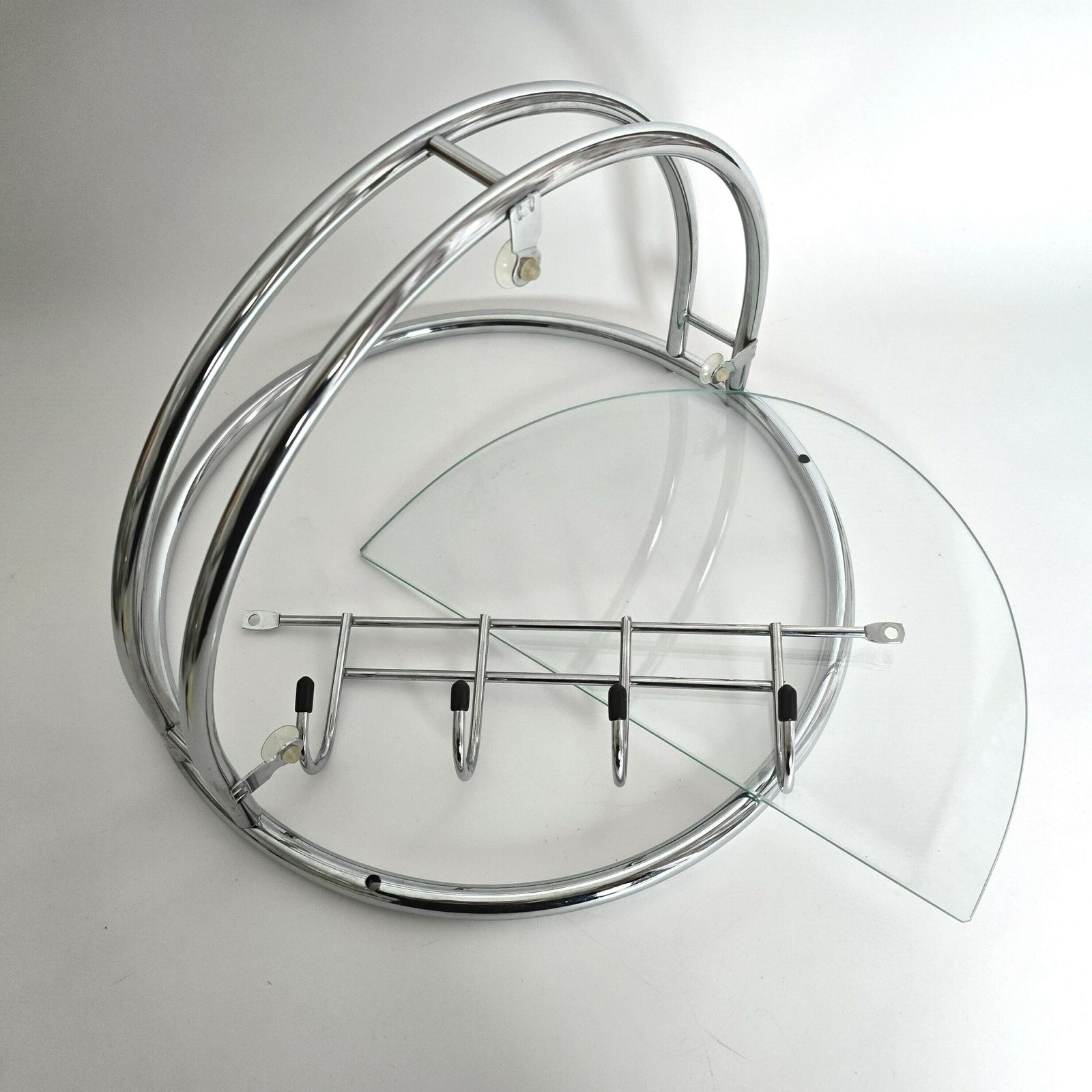 Vintage Chrome Pipe Bathroom Shelf With Clear Glass And 4 Hooks photo for sale